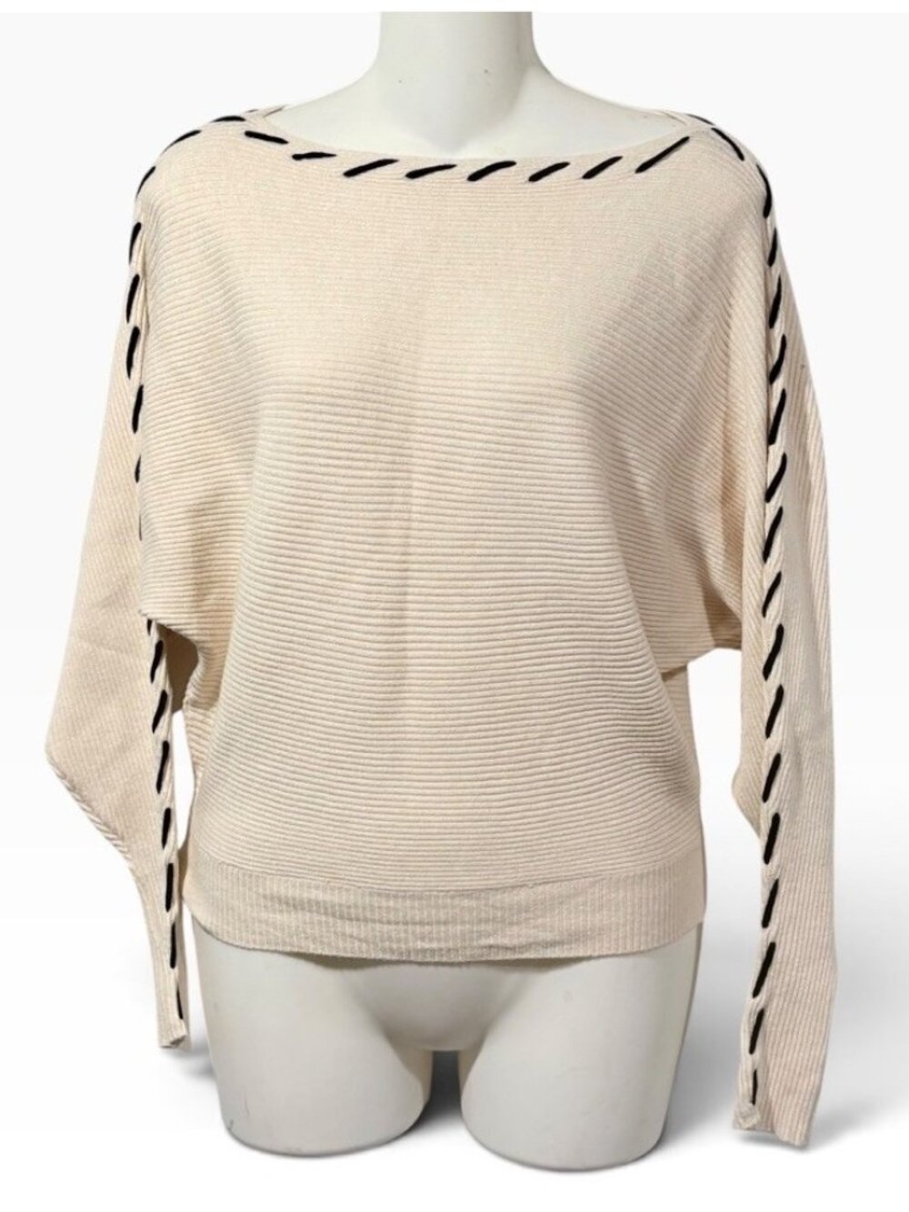 Magaschoni Womens Ribbed Cream Sweater Contrast Whipstitch Detail Sz XS Cropped